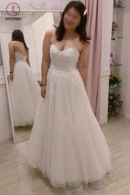 Ivory Floor-length Sweetheart Tulle Beach Wedding Dress with Lace Appliques,Bridal Gown KPW0112