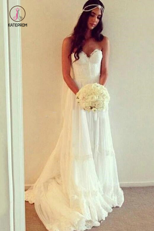 Boho Sweetheart Lace Appliques A Line Ivory Wedding Dress, Beach Wedding Dress KPW0435