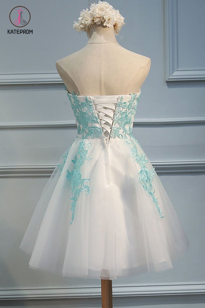 Ivory Sweetheart Homecoming Dress with Mint Appliques, Strapless Tulle Short Party Dress KPH0226
