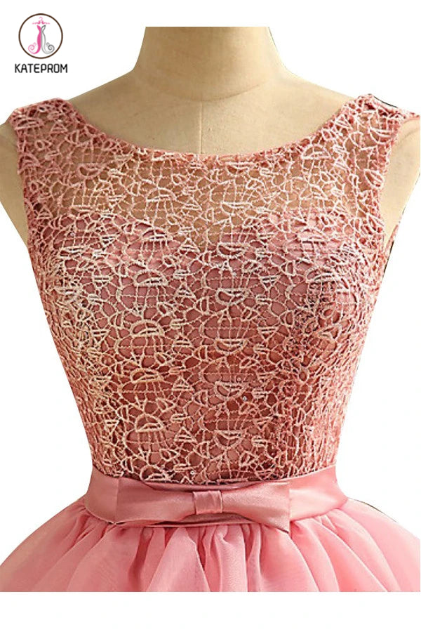 Scoop Above-knee Pink Chiffon Homecoming Dresses With Lace Ruched KPH0129