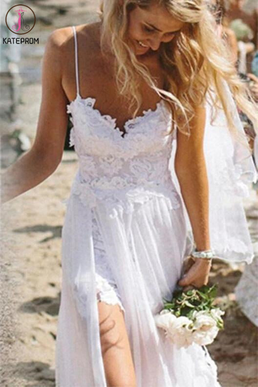 Spaghetti Straps White Lace Chiffon Backless Beach Wedding Gowns KPW0008