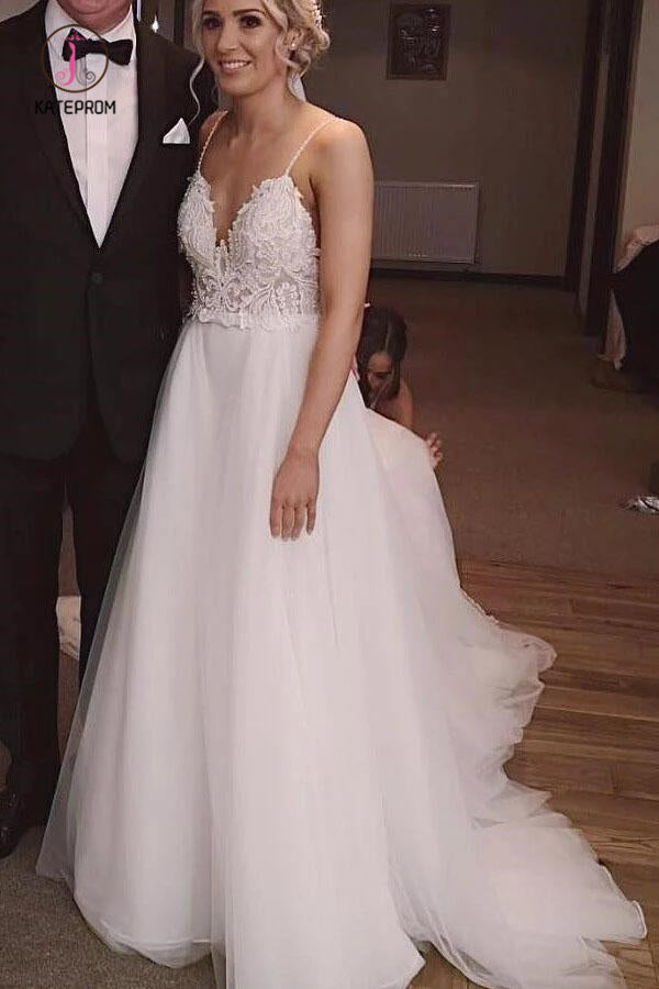 Ivory Backless Spaghetti Straps Tulle Beach Wedding Dresses, Lace Applique Bridal Dress KPW0520