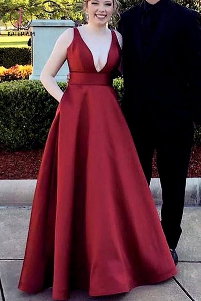 Burgundy Deep V Neck Satin Long Prom Dress, Floor Length Formal Evening Gown KPP0513