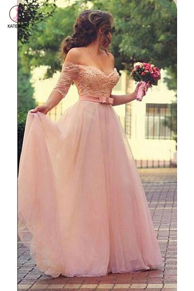 Shiny Pink Off the Shoulder Half Sleeves Sash Bow Beads Pearls Tulle Prom Dresses KPP0431