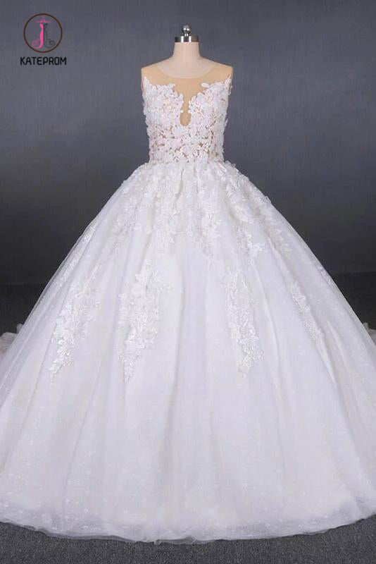 Ball Gown Sheer Neck Sleeveless White Wedding Dresses, Lace Appliqued Bridal Dress KPW0476
