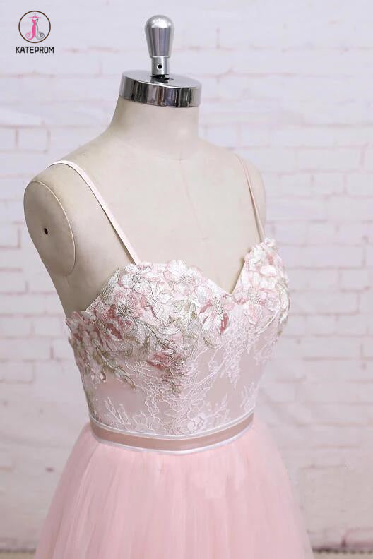 Spaghetti Straps Pink Lace Flora Tulle Sweetheart Backless Wedding Dress,Prom Dress KPW0198