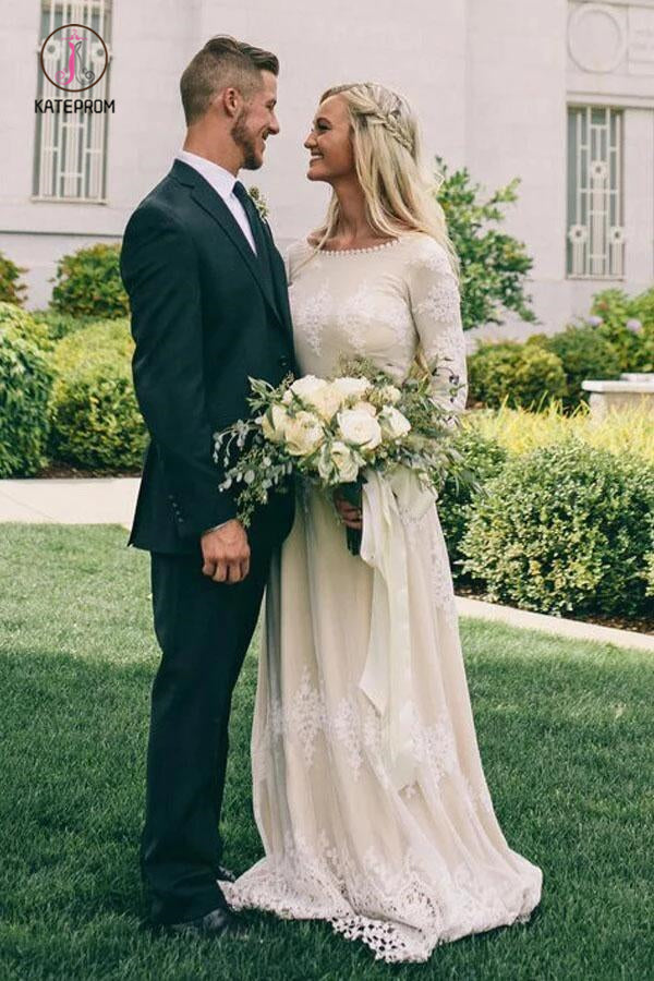 A-Line Bateau Long Sleeves Ivory Tulle Wedding Dress with Lace Appliques KPW0522