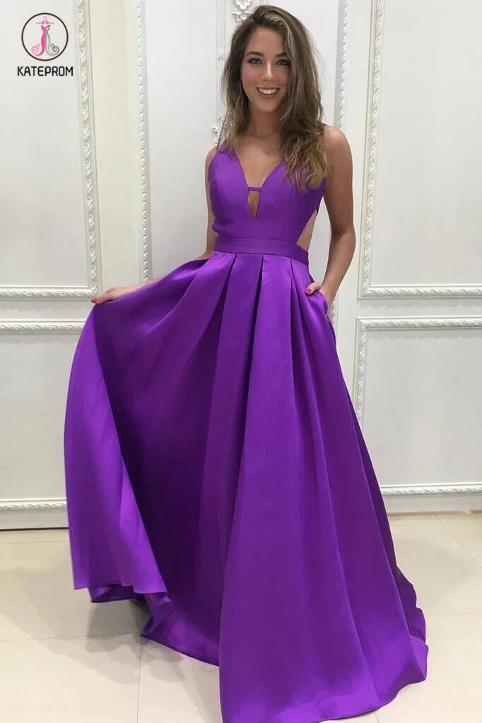 Simple Purple A-line V-neck Backless Ruched Sleeveless Satin Long Prom Dresses KPP0313