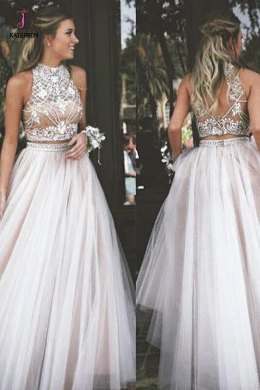 Two Piece A-Line Ivory Sleeveless High Neck Tulle Beading Long Prom Dresses KPP0429