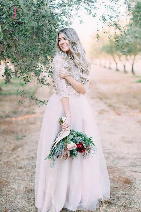 Two Piece Tulle Floor Length Wedding Dress with Lace, Rustic Wedding Dress with Sleeve KPW0443