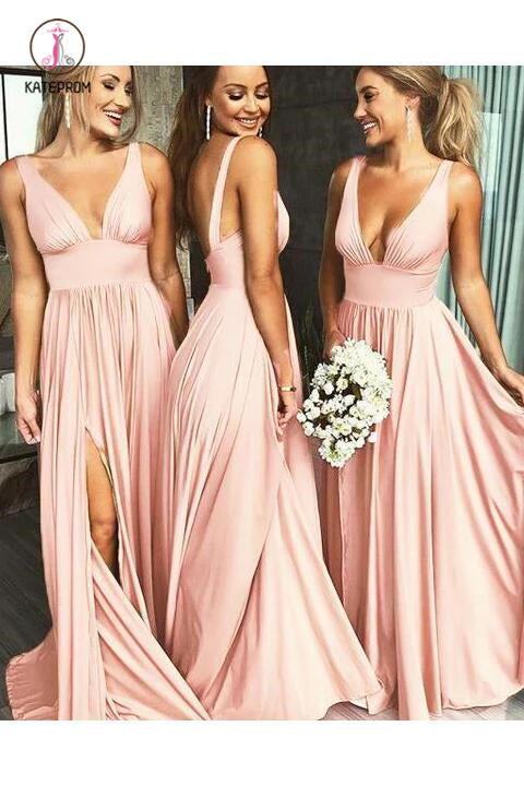 Burgundy Deep V Neck Split Bridesmaid Dress, A Line Sleeveless Backless Prom Gown KPB0149