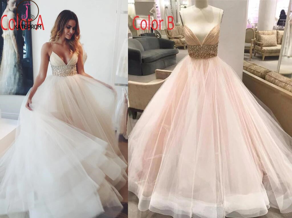 Sexy A-line V-neck Spaghetti Straps Ivory Tulle Wedding Dress,Ball Gowns KPW0024