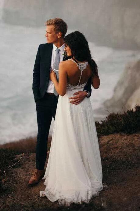 Spaghetti Strap Beaded Ivory Chiffon Country Wedding Dress, Boho Wedding Dress KPW0312