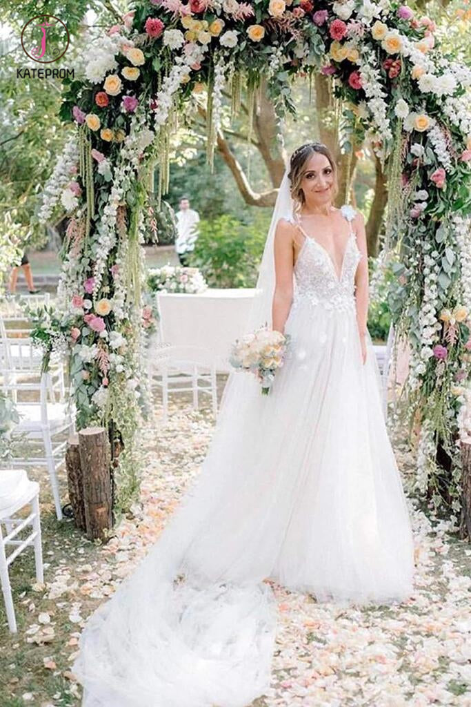 Deep V-neck Beading Prom Dresses,Straps Tulle Appliques A-line Custom Beach Wedding Dress KPW0033