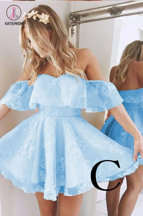 A-Line Homecoming Dress,Lace Off-Shoulder Short Prom Dresses,Pearl Pink Homecoming Dress KPH0136