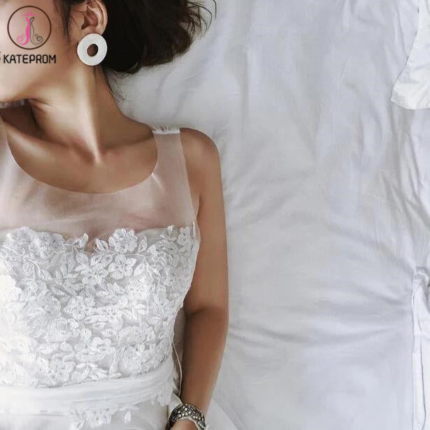 Newest Applique Simple Tulle Wedding Gown,Beach Wedding Dress With Train KPW0052