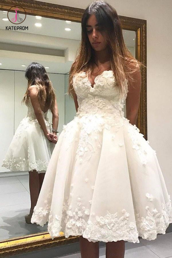 Ball Gown Prom Dress,Ivory Knee-length Homecoming Dress with Flowers,Appliqued Prom Gown KPH0183