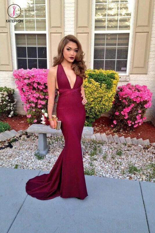 Sexy Burgundy Mermaid Deep V-neck Sleeveless Criss-Cross Straps Prom Dresses KPP0345