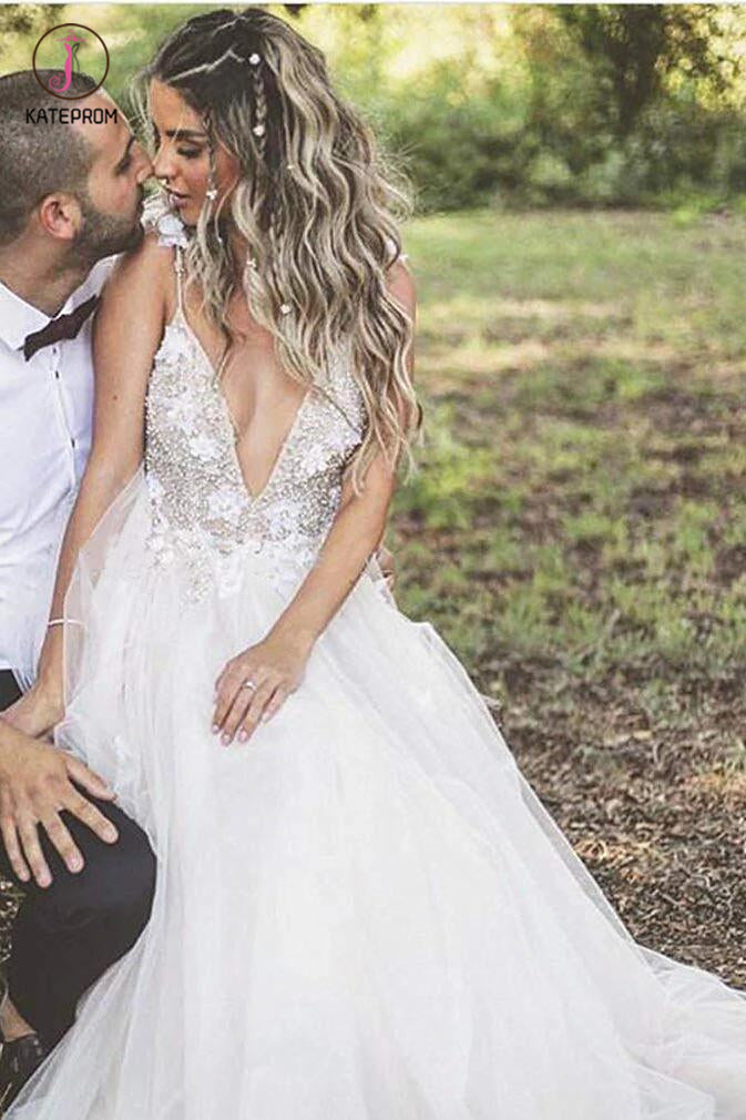 Deep V-neck Beading Prom Dresses,Straps Tulle Appliques A-line Custom Beach Wedding Dress KPW0033