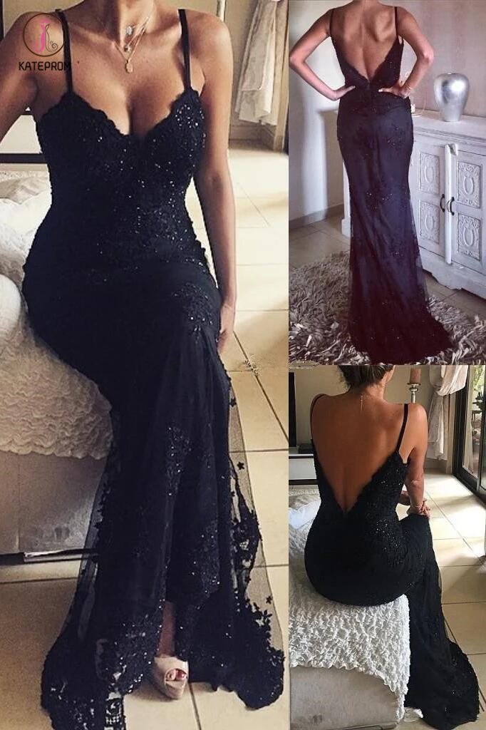 Vintage Mermaid Black Long Beaded Lace Appliques V-Neck Prom Dresses KPP0408