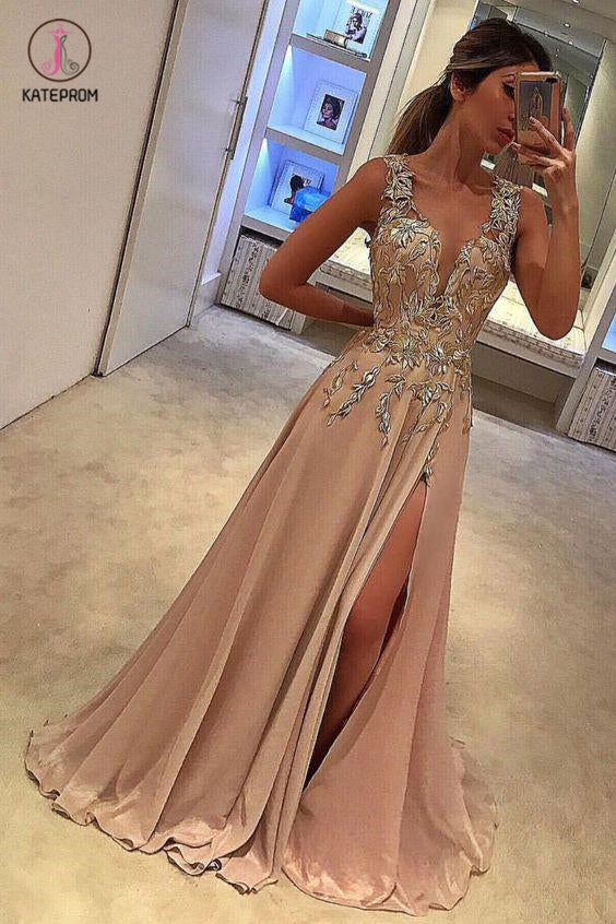 A Line Split Deep V Neck Sleeveless Prom Dress with Appliques, Long Evening Dress KPP0484