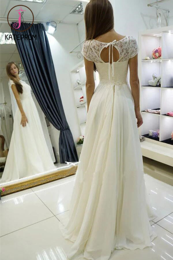 A-line Wedding Dress,Beach Wedding Gown,Sweep Train Cap Sleeves Bridal Dress with Lace KPW0038