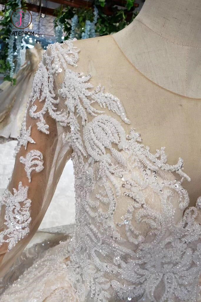 Princess Long Sleeves Sheer Neck Ball Gown Lace Wedding Dresses, Long Bridal Dress KPW0398