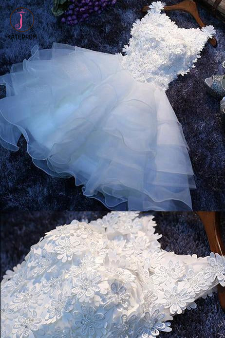 White Sleeveless Homecoming Dress Appliqued A-line Flower Short Prom Dress Party Dress KPH0202
