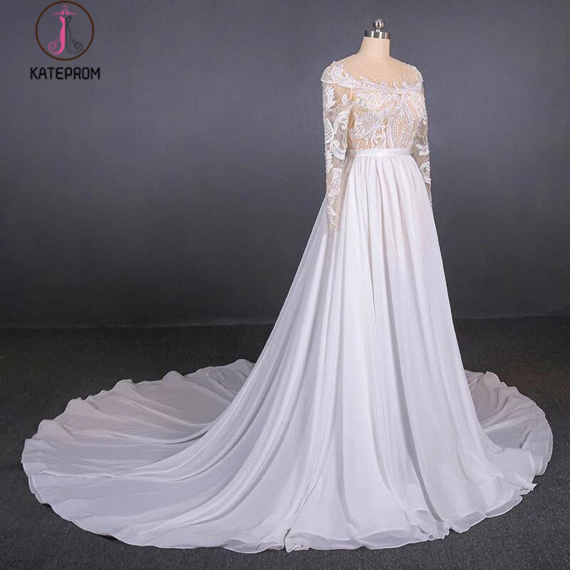 White Long Sleeves Chiffon Wedding Dress with Appliques, Gorgeous Long Bridal Dress KPW0496