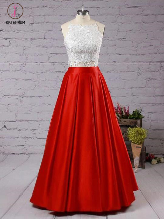 Fashion Red Two Piece Square Neck Satin with Appliques Lace Prom Dress Long KPP0253