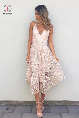 Pink V-neck Straps Tea Length Asymmetrical Lace Bridesmaid Dress,Midi Homecoming Dress KPB0004