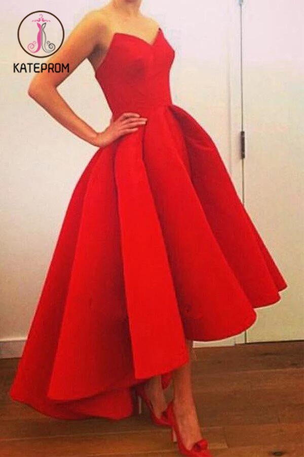 Red Sweetheart Prom Dresses,High-low Strapless Prom Gown,Red Formal Dress With Ruffles KPP0196