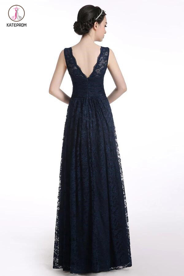 V-neck Lace Straps Navy Blue Long Prom Dress KPP0117