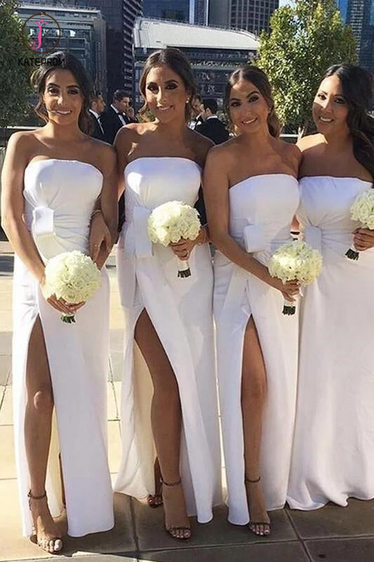 Simple White Side Slit Strapless Long Bridesmaid Dresses, Floor Length Bridesmaid Dress KPB0159