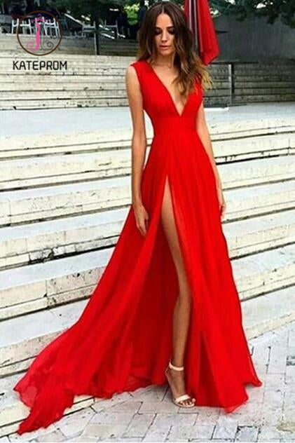 Split V-neck Red Evening Dress,Sexy Party Dresses with V Back,Sleeveless Chiffon Prom Dresses KPP0165