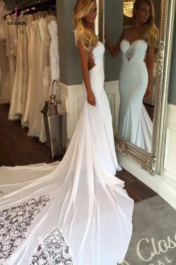 See-through Sheath Sleeveless Long Beach Wedding Dress with Lace,Bridal Dress KPW0177