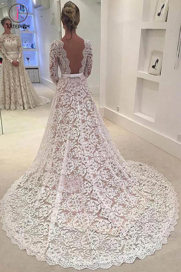 Elegant Ivory A-line Bateau Lace Long Sleeve Backless Wedding Dress With Court Train KPW0089