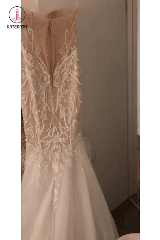 Gorgeous Strapless Tulle Mermaid Wedding Dresses, Long Bridal Dress with Appliques KPW0383