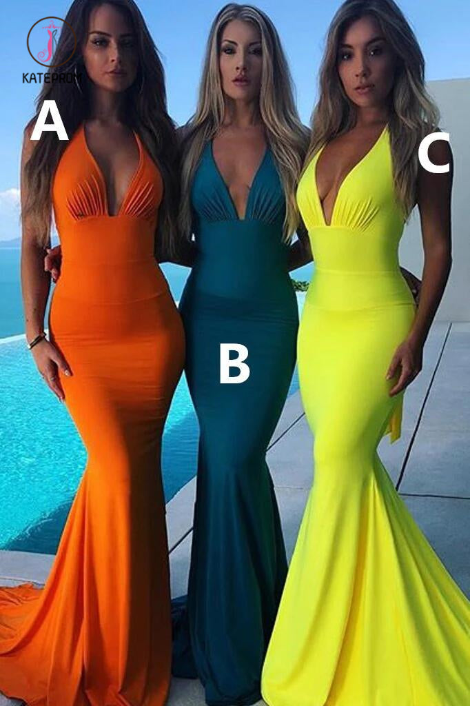 Sexy Deep V-Neck Halter Bridesmaid Dress, Mermaid Bright Backless Long Bridesmaid Dress KPB0176