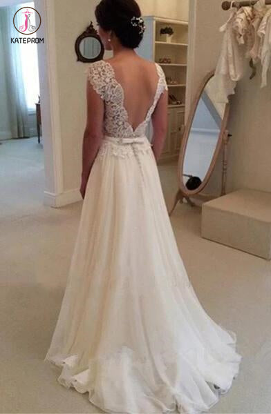 A-line Lace Appliqued Cap Sleeves Ivory Chiffon Bridal Dress,Long Beach Wedding Dresses KPW0072