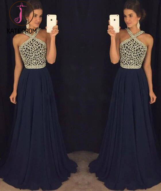 Rose Red Beaded Long Prom Dress for Teens,A line Chiffon Formal Dress KPP0140