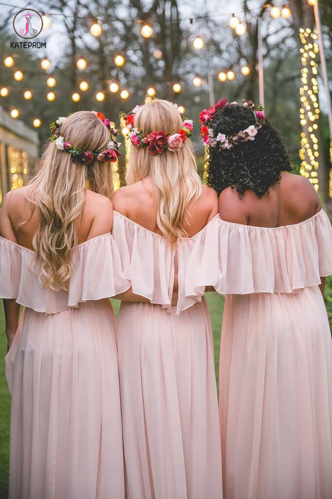 Off-the-shoulder Pastel Pink Ruffles Long Chiffon Bridesmaid Gowns,Floor-length Prom Dresses KPB0039