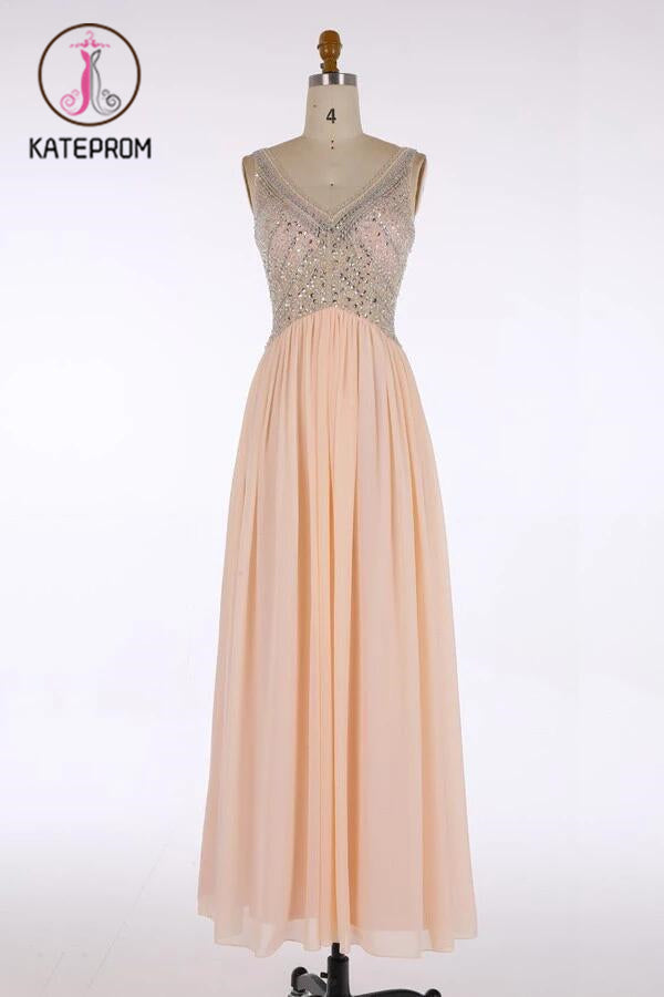 Classic V-Neck Floor Length Beading Prom Dresses Evening Dresses KPP0121