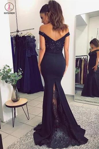Navy Blue Off The Shoulder Mermaid Stretch Evening Dresses with Lace Beads KPP0383