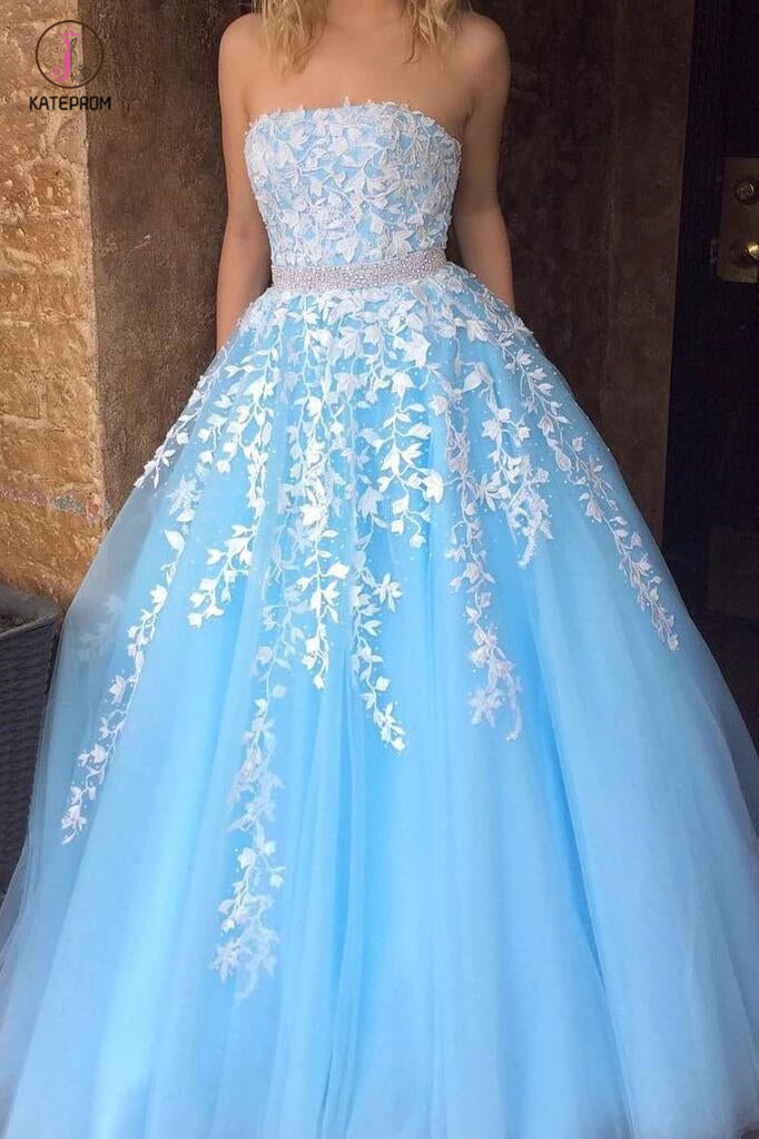 Princess Sky Blue Strapless A-line Tulle Floor-length Prom Dress with White Appliques KPP0325