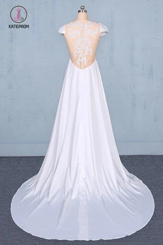 Simple A Line Cap Sleeves Wedding Dress with Lace, Long Bridal Dress with Lace KPW0493
