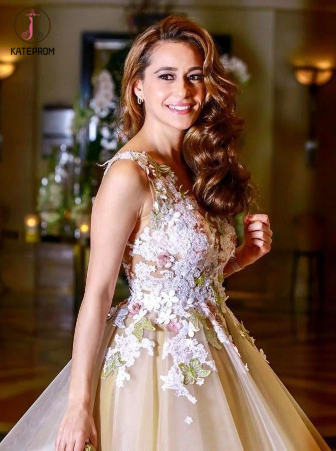 A-line V neck Backless Homecoming Dress with Flowers,Appliqued Sleeveless Junior Dresses KPH0191