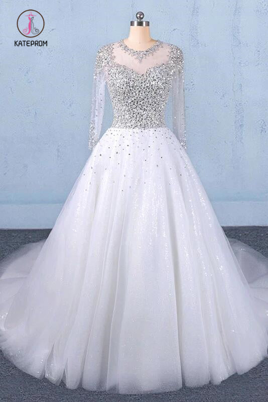 Puffy Long Sleeves Tulle White Wedding Dress, Shiny Long Bridal Dresses KPW0487