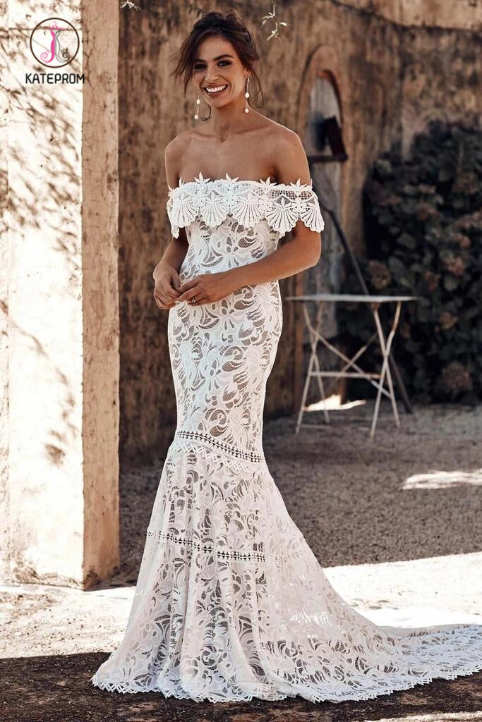 Charming Off the Shoulder Lace Bridal Dress, Boho Wedding Dress, Beach Wedding Dress KPW0439