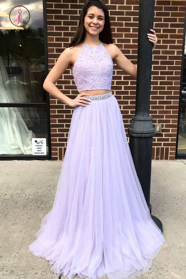 Two Piece Halter Lavender Prom Dress With Beading, Floor Length Tulle Evening Dress KPP0528